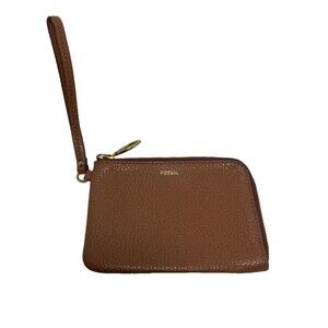 Fossil Wristlet Brown Pebble Leather Fabric Lined Zip Closed 6 x4.5 in